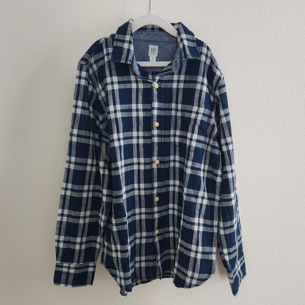 Gap Kids Long Sleeve Plaid Button Up Shirt Blue White Size XL 12 NWT